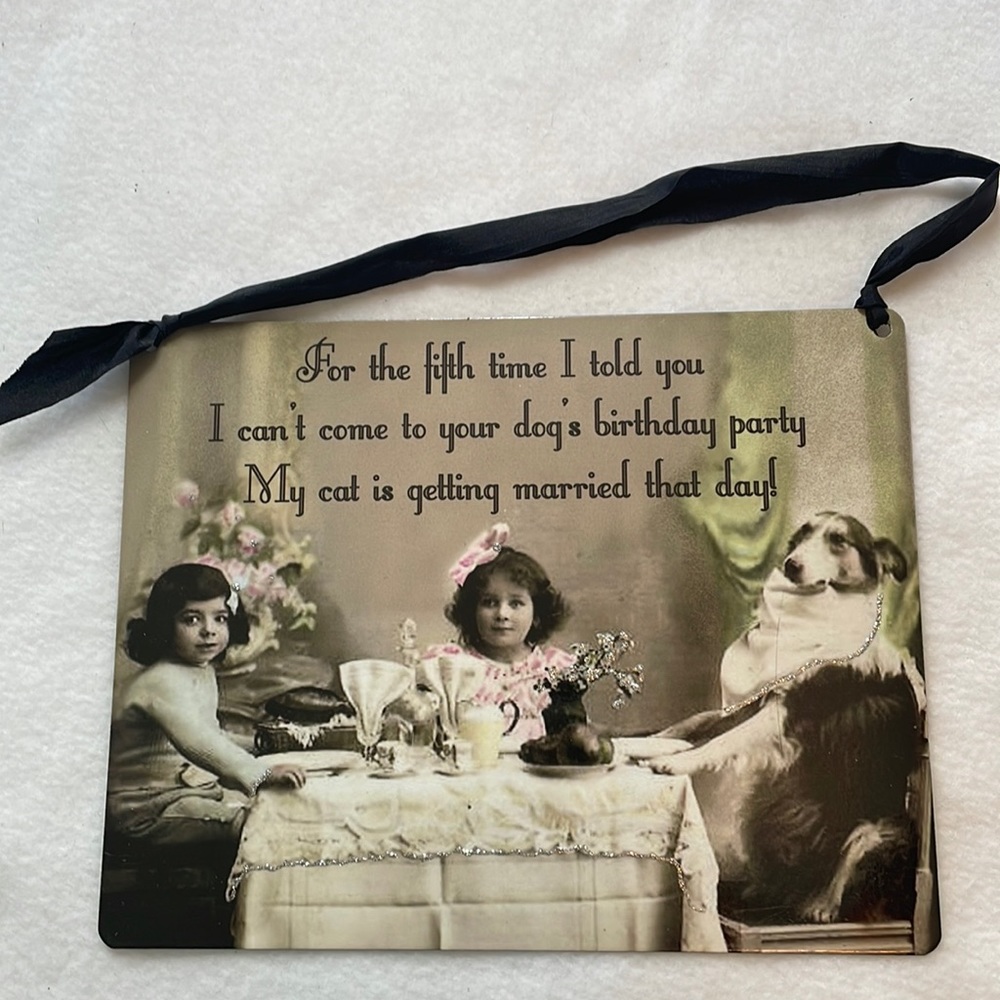 Metal Sign, Girls and Dog